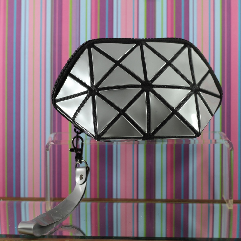 Geometric Design. Black & Silver . Wristlet, Clutch, Make up Bag